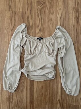 Lulu's Ribbed Puff-Sleeve Long Sleeve Top in Beige